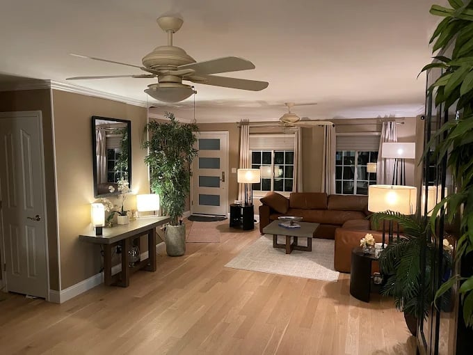 Modern living room with wooden flooring, ceiling fan, brown leather furniture, potted plants, and large windows with curtains