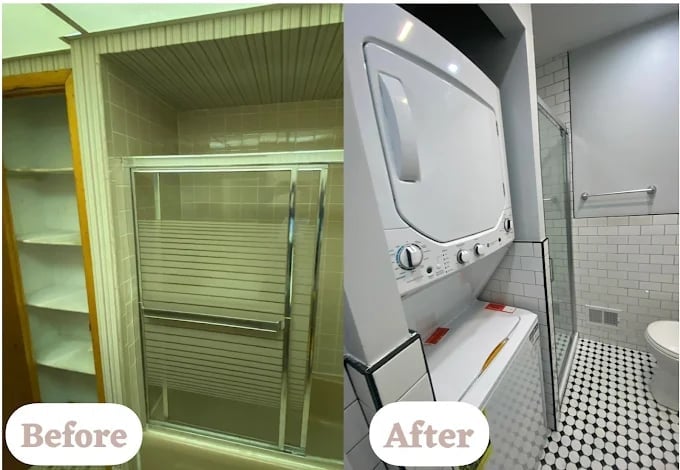 Before and after bathroom renovation showing old green shower enclosure transformed into modern stacked washer-dryer and tiled flooring