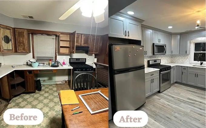 Before and after kitchen renovation showing outdated wood cabinets transformed into modern white cabinetry with new flooring and stainless steel appliances