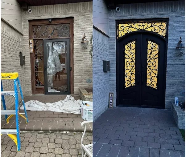 Before and after comparison of a home entryway renovation, showing transformation from old weathered door to new ornate black and gold double doors