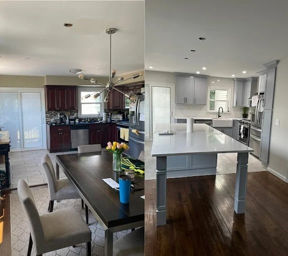 Before and after kitchen renovation showing transformation from dark cabinetry to light gray cabinets with updated island design and flooring