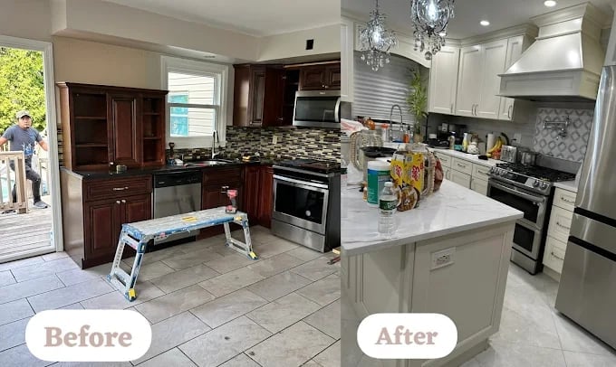 Before and after kitchen renovation showing dated dark cabinets transformed into modern white cabinetry with stainless steel appliances