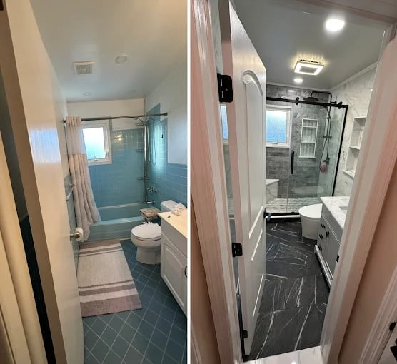 Before and after comparison of two bathroom renovations showing updated shower fixtures and flooring