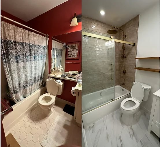 Before and after bathroom renovation showing old burgundy design versus modern white subway tile shower with updated fixtures