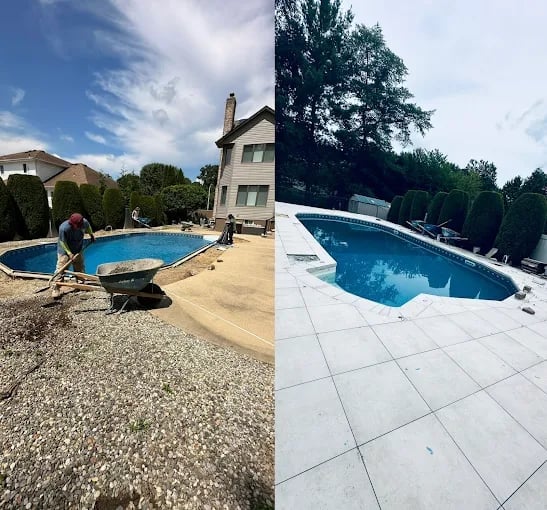 Before and after comparison of pool renovation, showing a deteriorated pool area transformed into a clean, professionally tiled pool deck