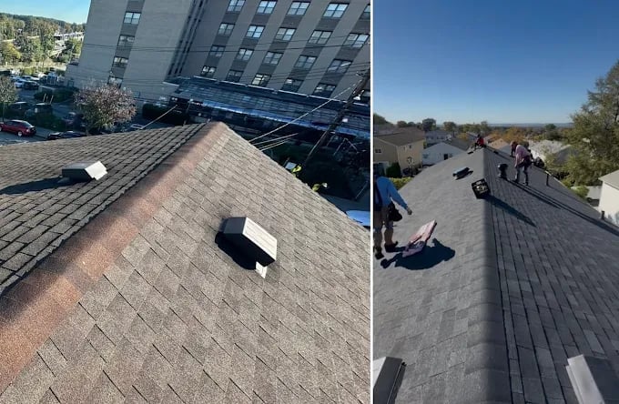 Before and after photos of a roof with installed vents. Left shows incomplete work on residential roof, right shows completed installation with workers present.