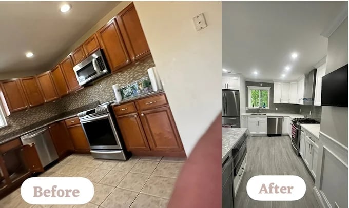 Before and after kitchen renovation showing transformation from wood cabinets to modern white cabinetry and updated flooring