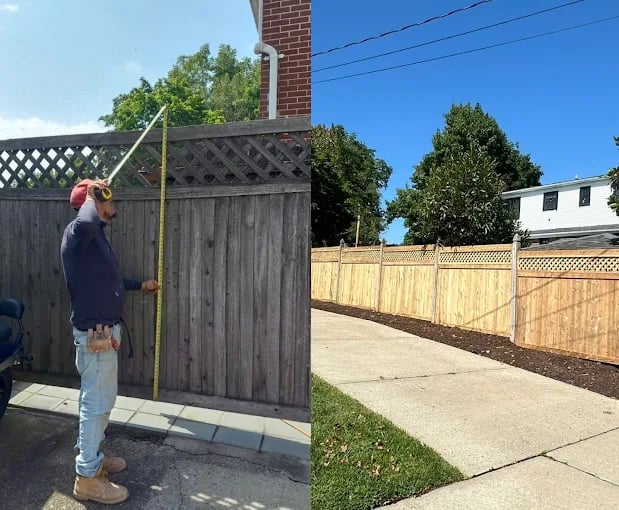 Person measuring wooden fence gate in backyard with brick chimney and houses visible in background