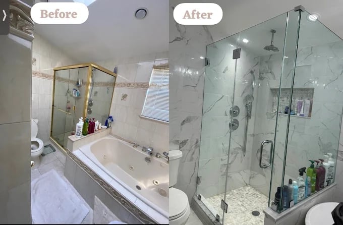 Before and after bathroom renovation showing upgraded shower enclosure and remodeled vanity area