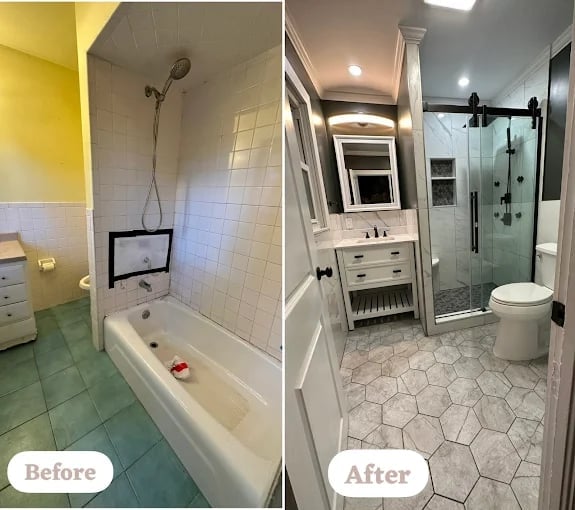 Before and after bathroom renovation showing old yellow tiled bathroom transformed into modern white bathroom with shower enclosure and hexagon flooring